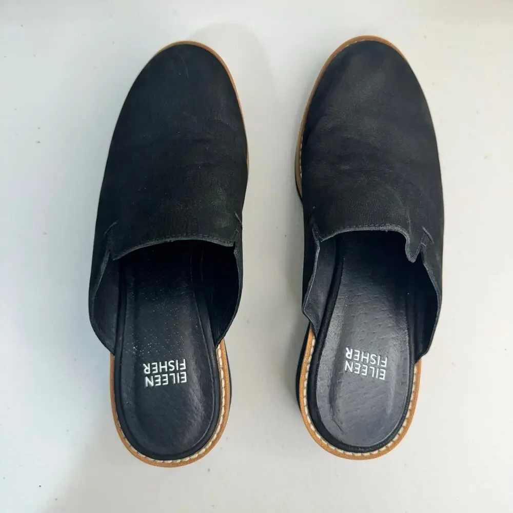 Eileen Fisher Loti Black Tumbled Nubuck Leather Slip-On Wedge Mule Clog Shoe 7.5
